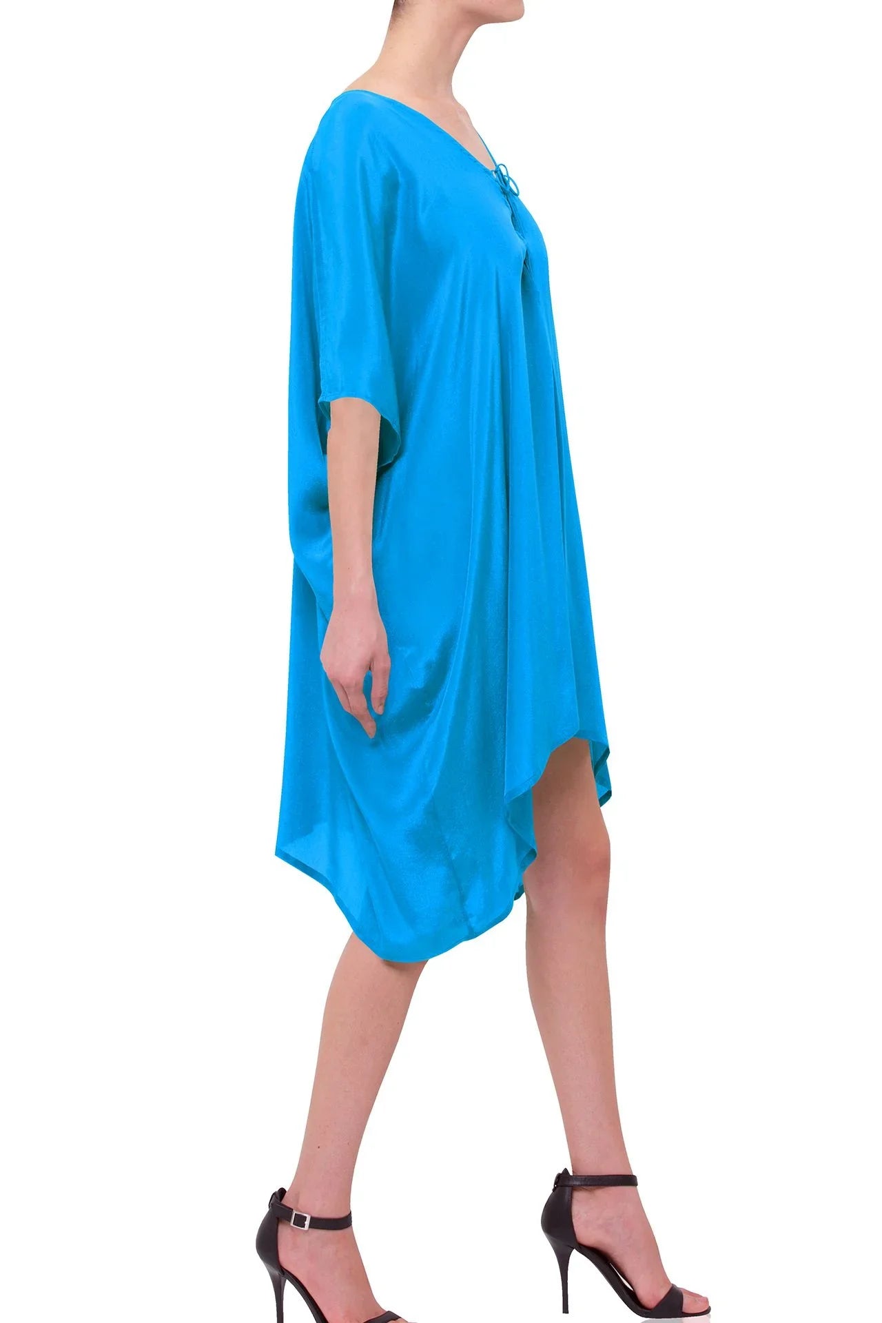 Aqua Blue Lace-Up Short Kaftan Dress