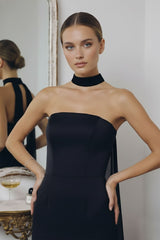 Black Strapless Satin Maxi Dress with Neck Scarf