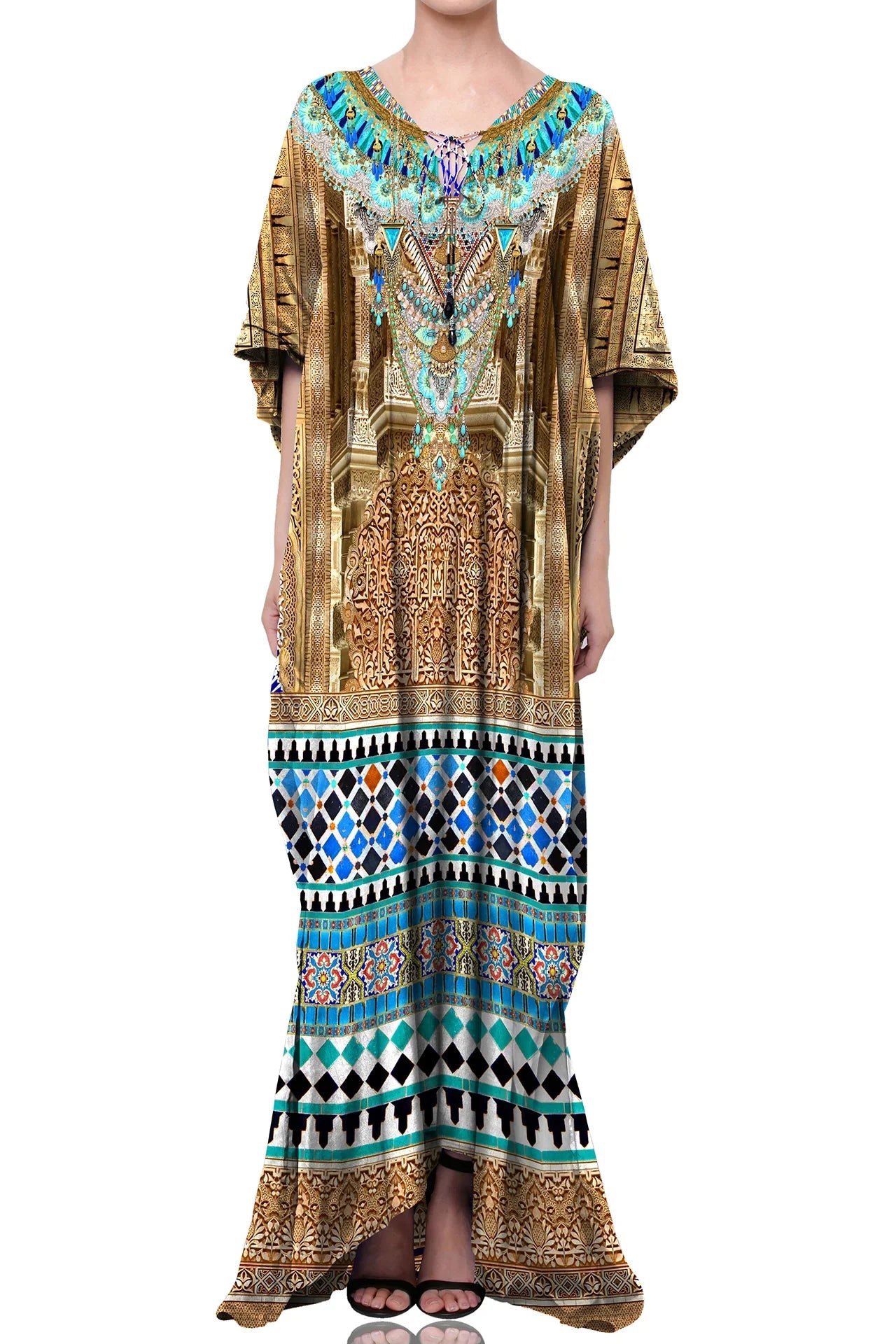Blue & Gold Moroccan Palace Print Kaftan Maxi Dress