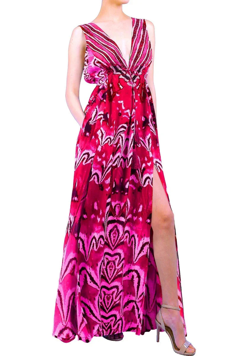 Annabella Butterfly Print Pink Color Maxi Dress