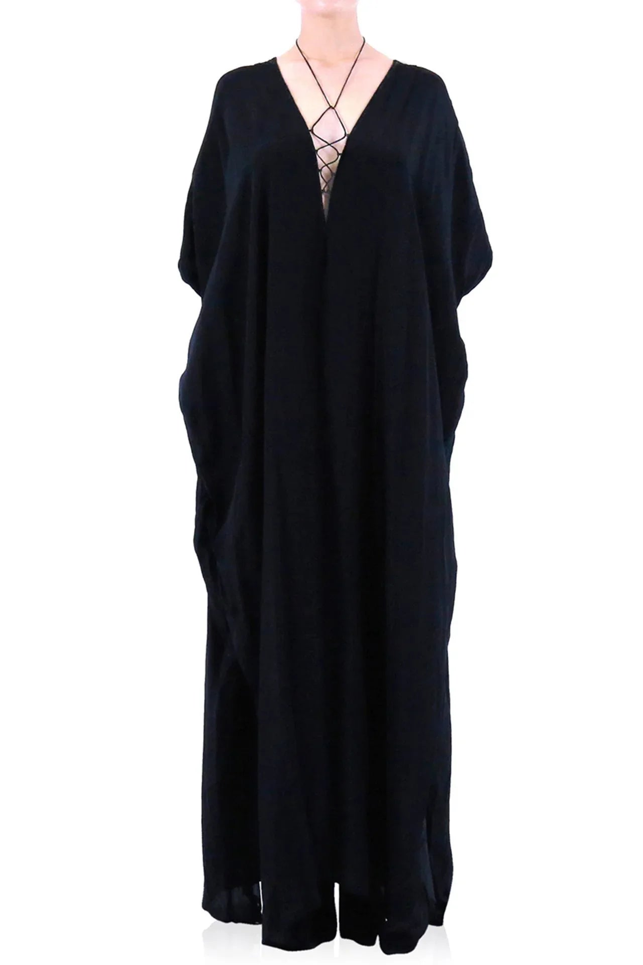 Black Lace-Up V-Neck Kaftan Maxi Dress