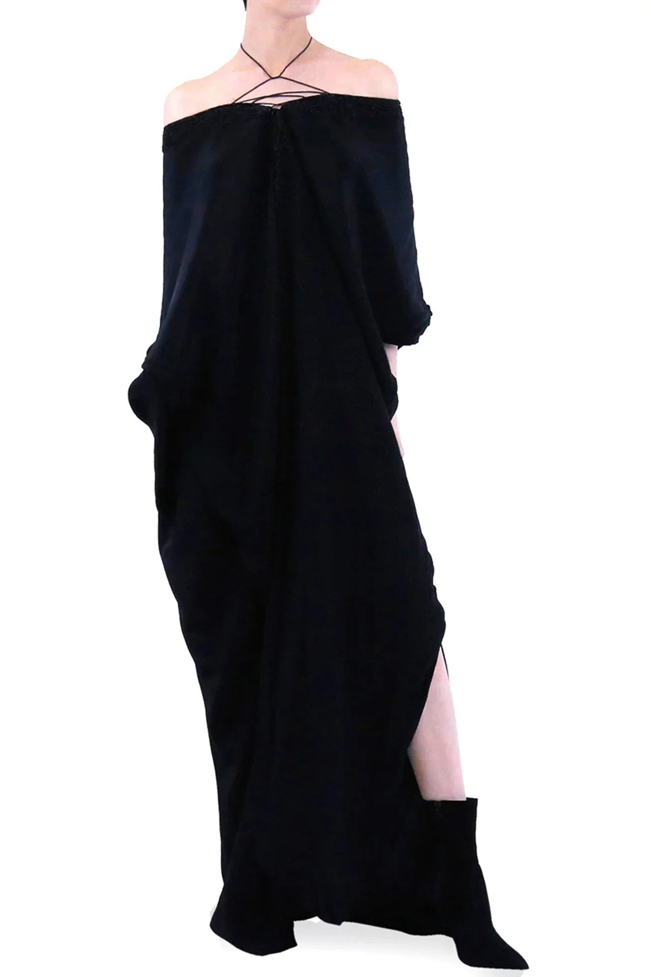 Black Lace-Up V-Neck Kaftan Maxi Dress