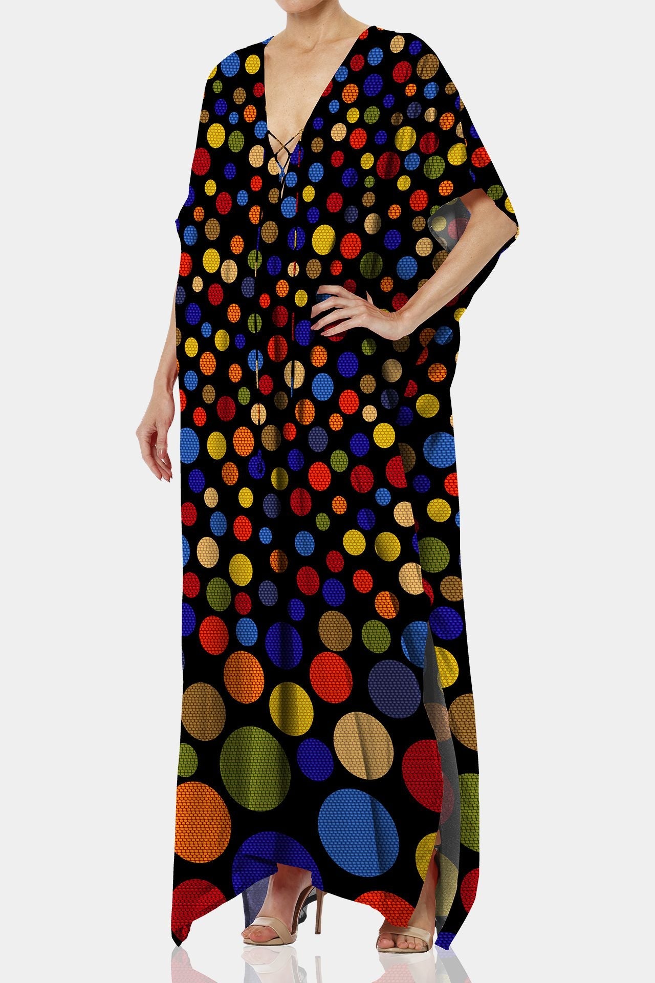 Black Multicolor Polka Dot Maxi Kaftan Dress