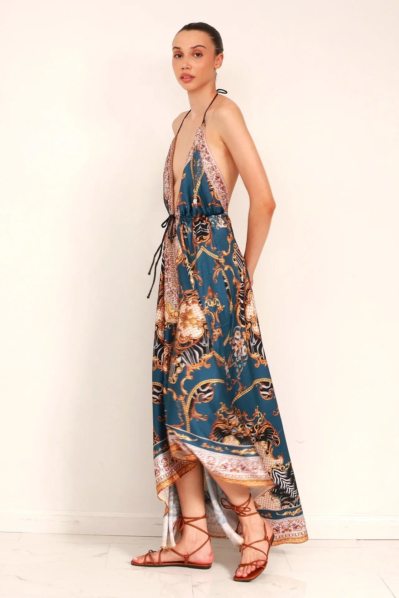 Blue Grey Baroque Scarf Print Halter Maxi Dress
