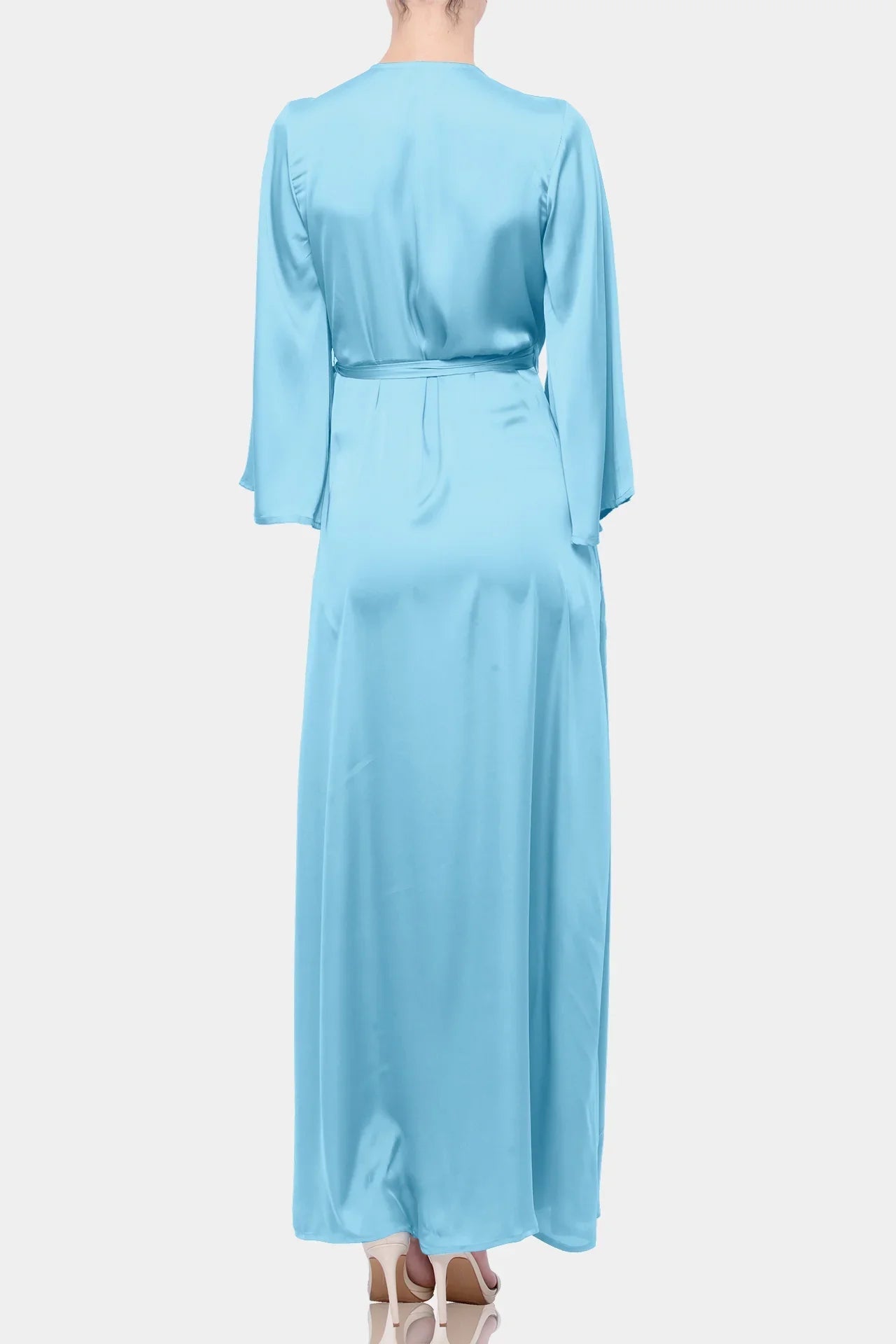 Aqua Blue Satin Wrap Maxi Dress with Slit – Long Sleeve Evening Dress