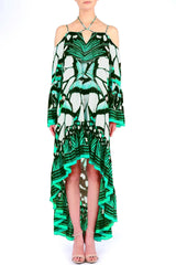Annabella Butterfly-Print Handkerchief-Hem Hi-Low Dress