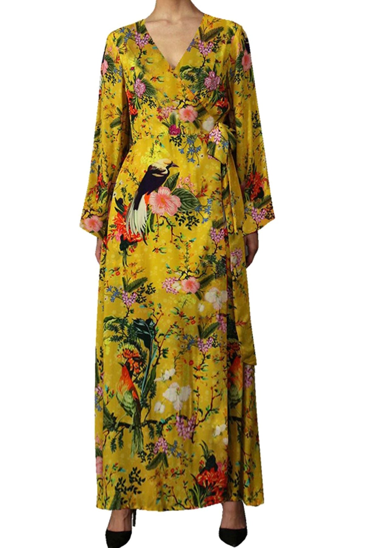 Bird Printed Wrap Maxi Dress