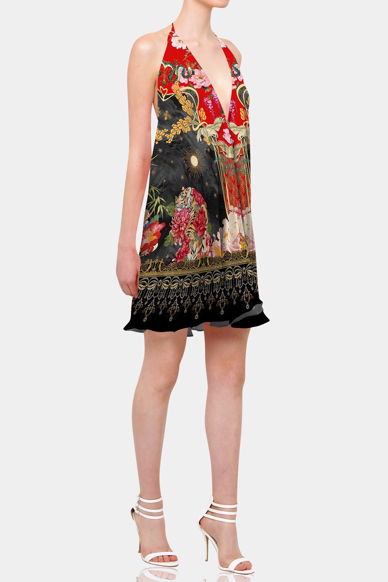 Animal print red convertible mini dress with plunge criss-cross neckline