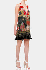 Animal print red convertible mini dress with plunge criss-cross neckline