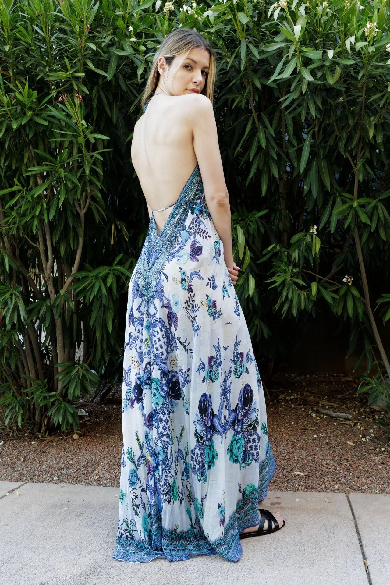 Azure Baroque Silk Scarf Maxi Dress