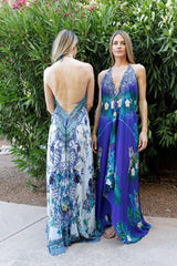 Azure Baroque Silk Scarf Maxi Dress
