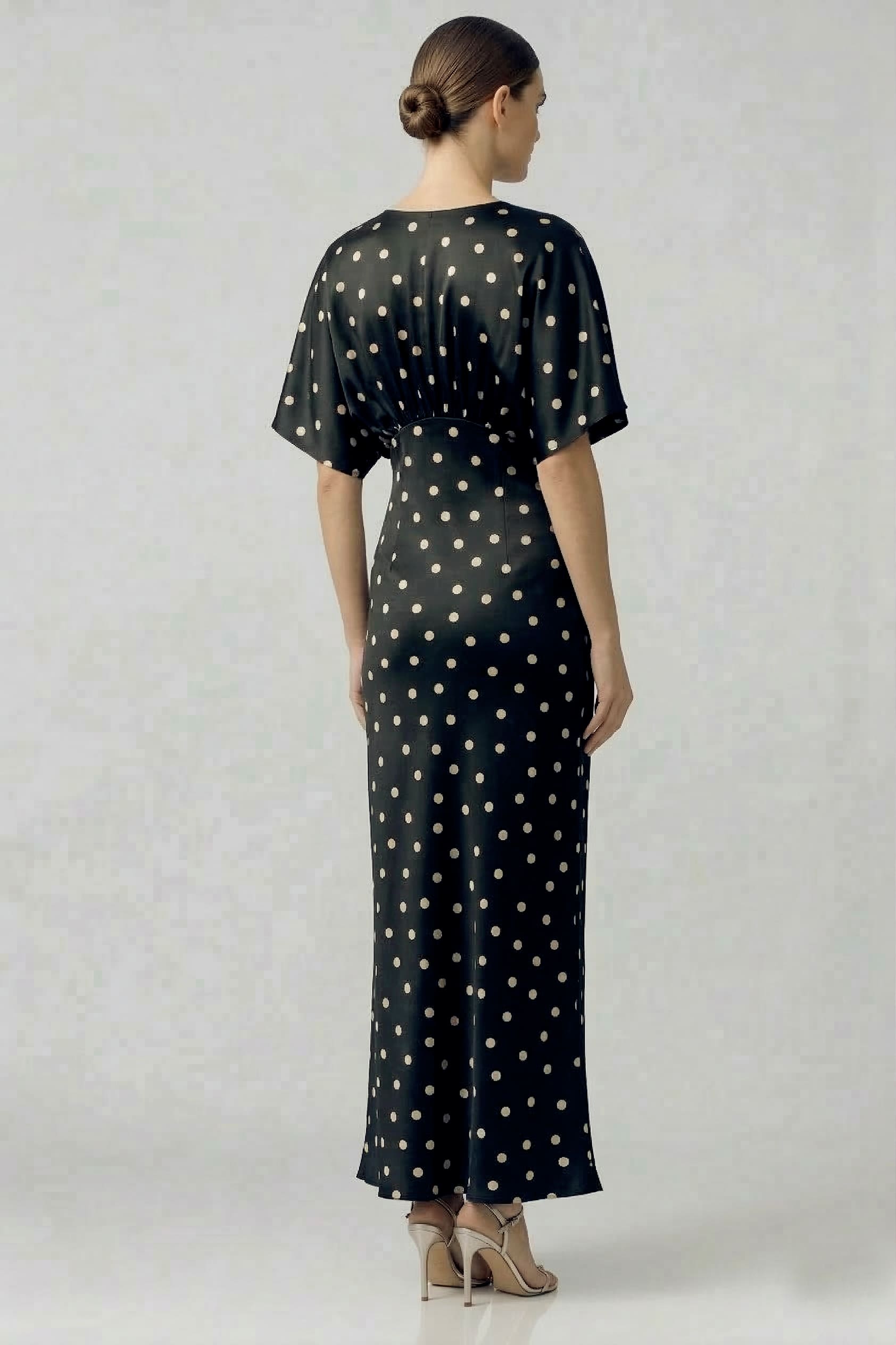 Black and White Polka Dot Deep-V Flutter-Sleeve Satin A-Line Wedding Guest Dress