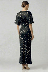 Black and White Polka Dot Deep-V Flutter-Sleeve Satin A-Line Wedding Guest Dress
