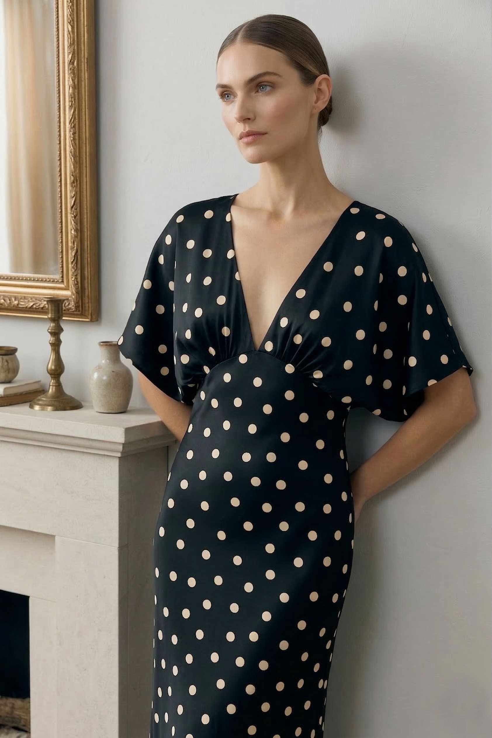 Black and White Polka Dot Deep-V Flutter-Sleeve Satin A-Line Wedding Guest Dress