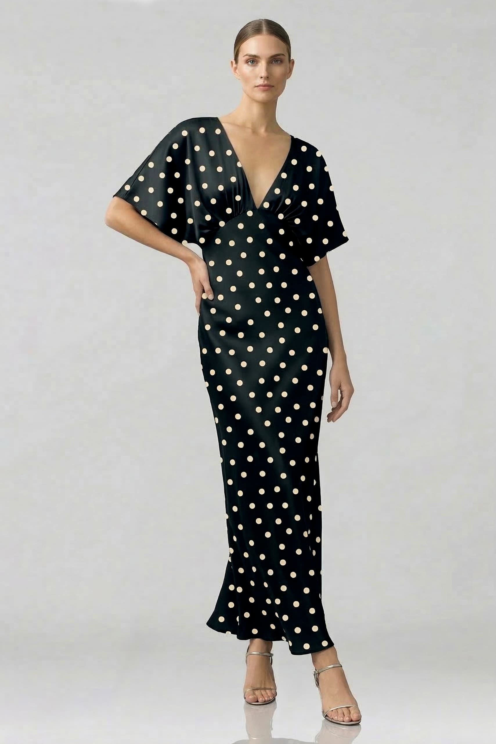 Black and White Polka Dot Deep-V Flutter-Sleeve Satin A-Line Wedding Guest Dress