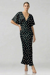 Black and White Polka Dot Deep-V Flutter-Sleeve Satin A-Line Wedding Guest Dress