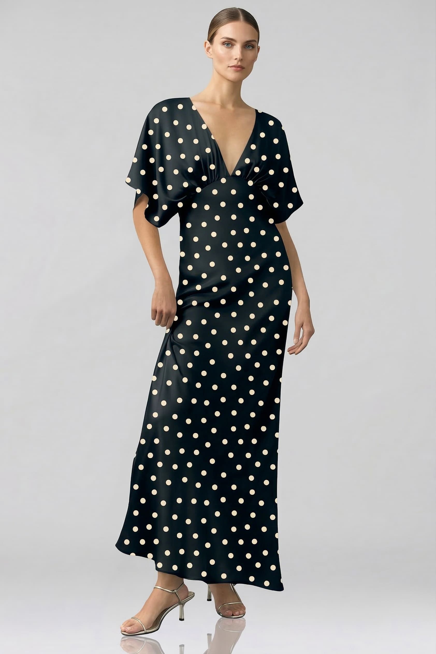 Black and White Polka Dot Deep-V Flutter-Sleeve Satin A-Line Wedding Guest Dress
