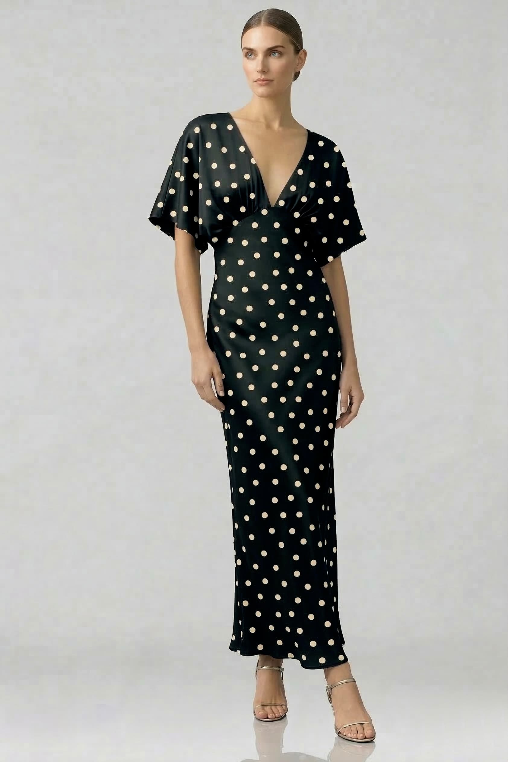 Black and White Polka Dot Deep-V Flutter-Sleeve Satin A-Line Wedding Guest Dress