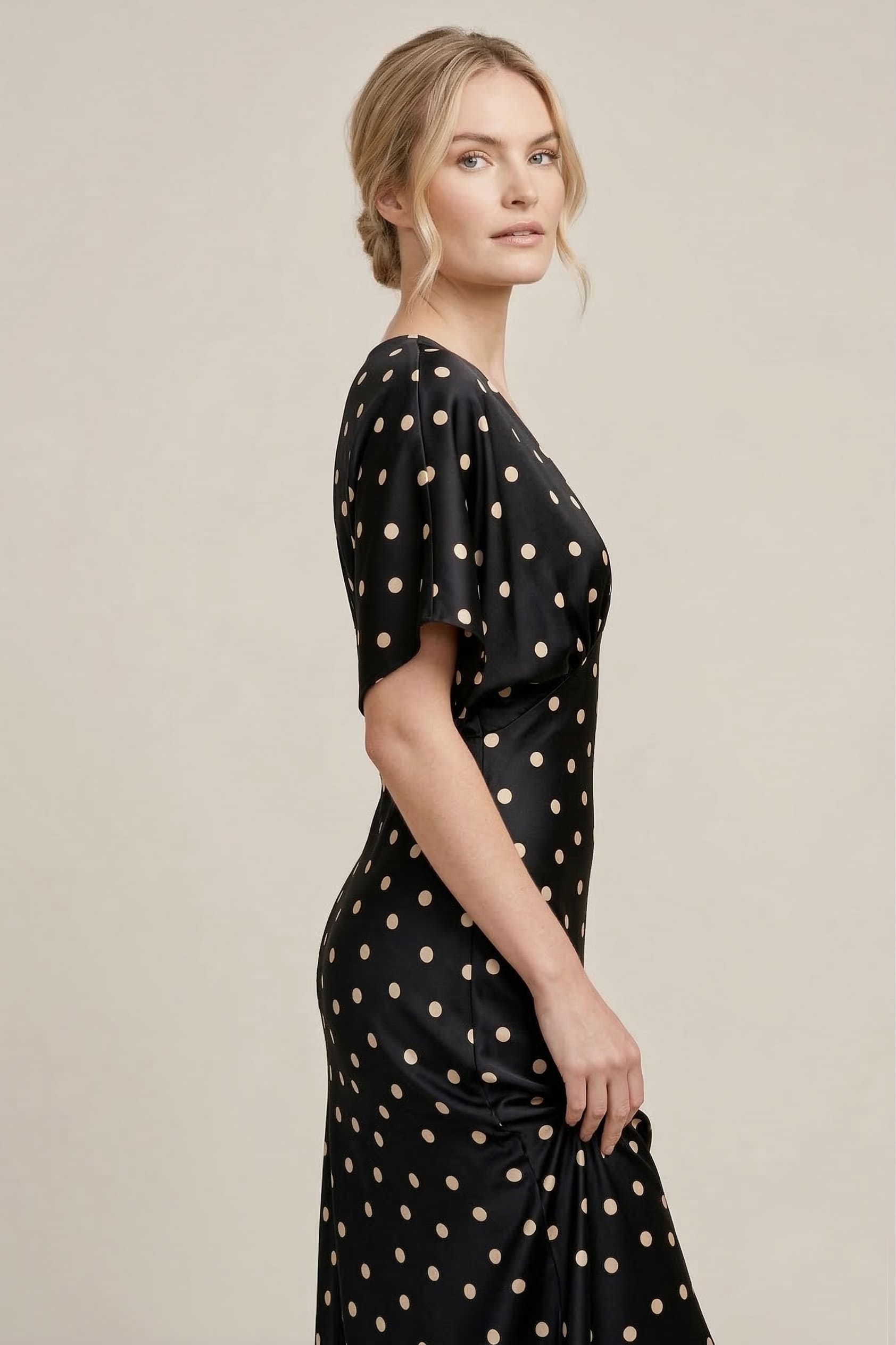 Black and White Polka Dot Deep-V Flutter-Sleeve Satin A-Line Wedding Guest Dress