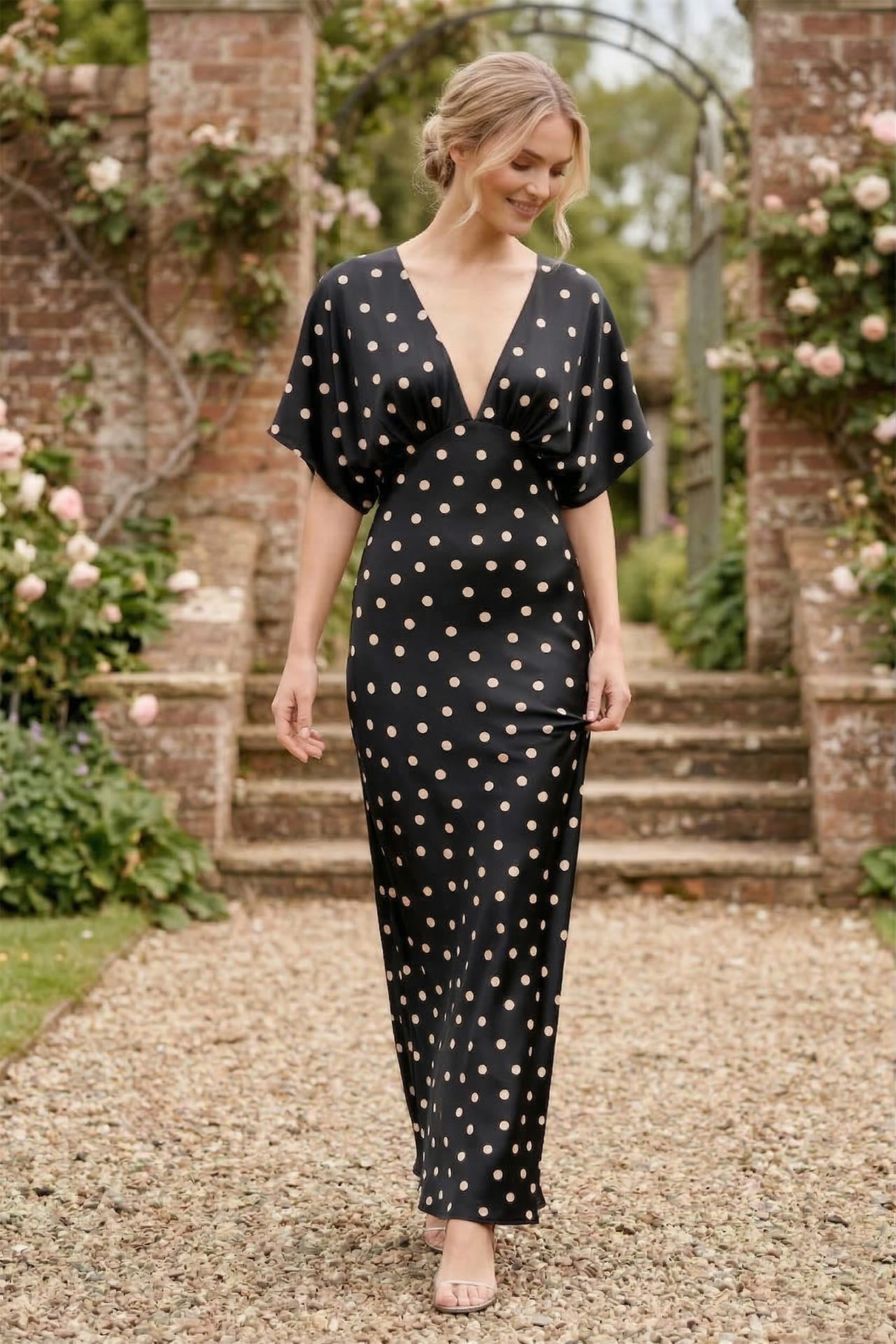 Black and White Polka Dot Deep-V Flutter-Sleeve Satin A-Line Wedding Guest Dress