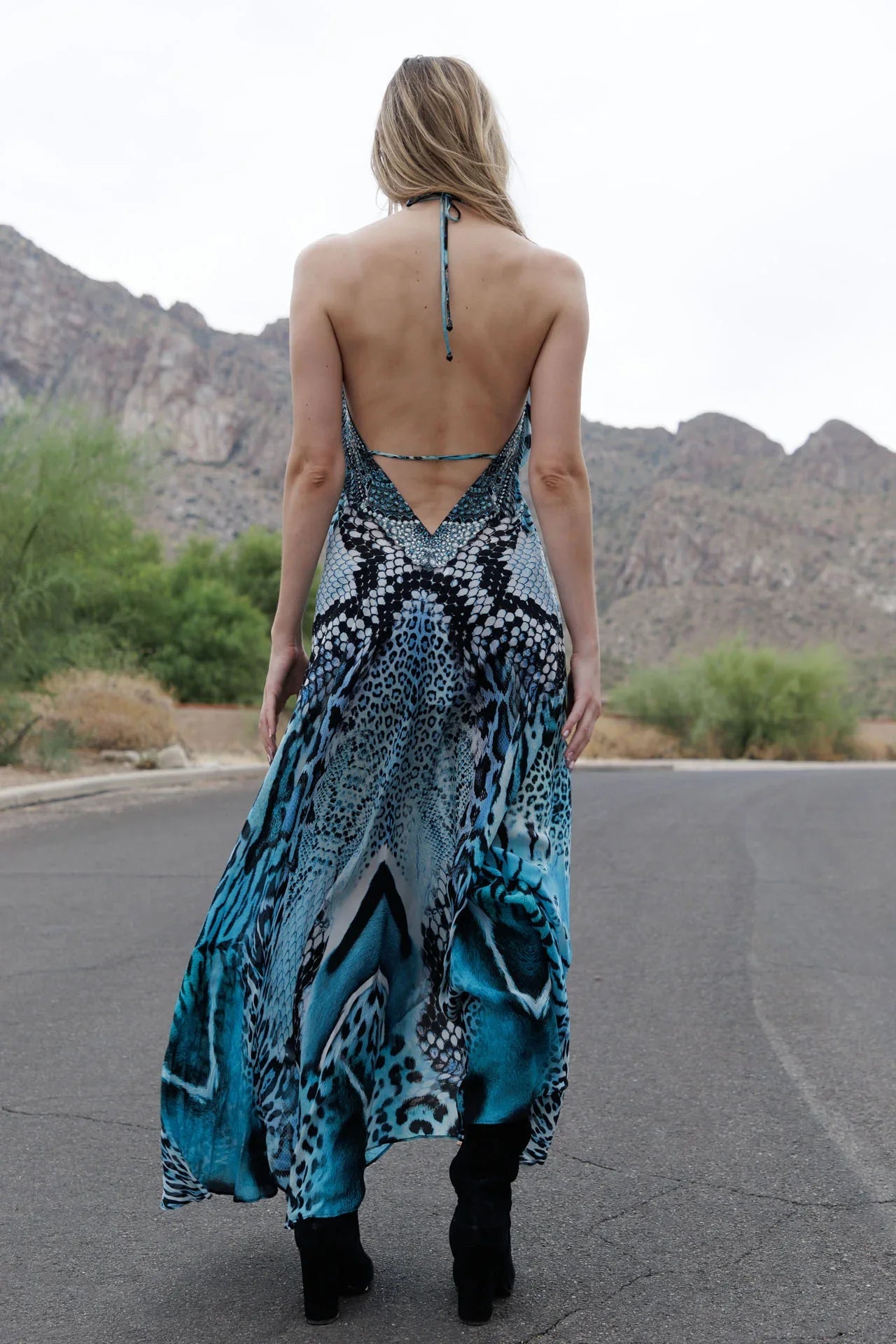 Blue Leopard Silk Scarf Maxi Dress
