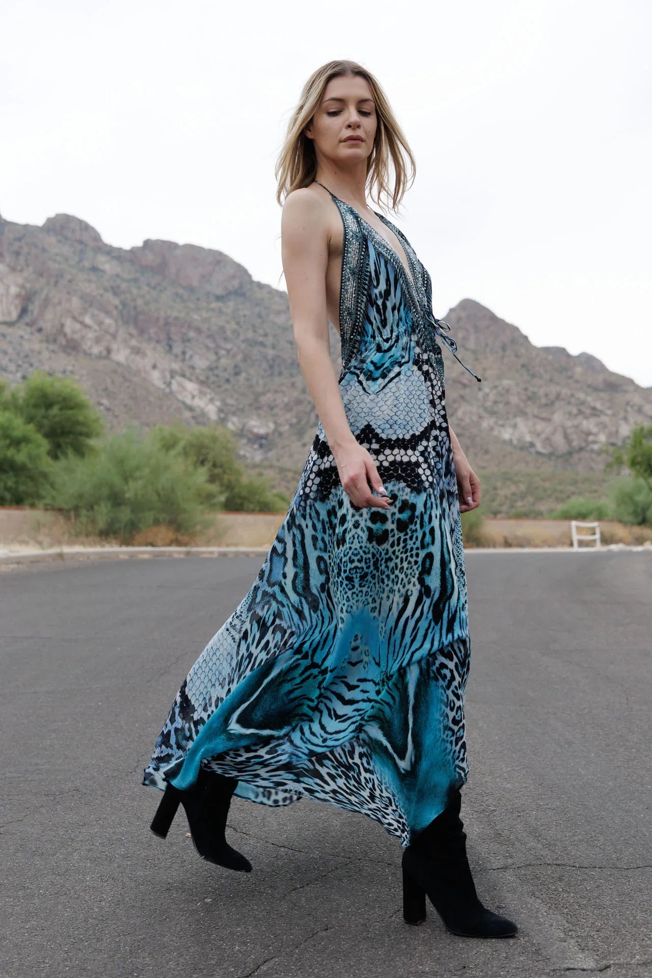 Blue Leopard Silk Scarf Maxi Dress
