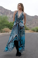 Blue Leopard Silk Scarf Maxi Dress
