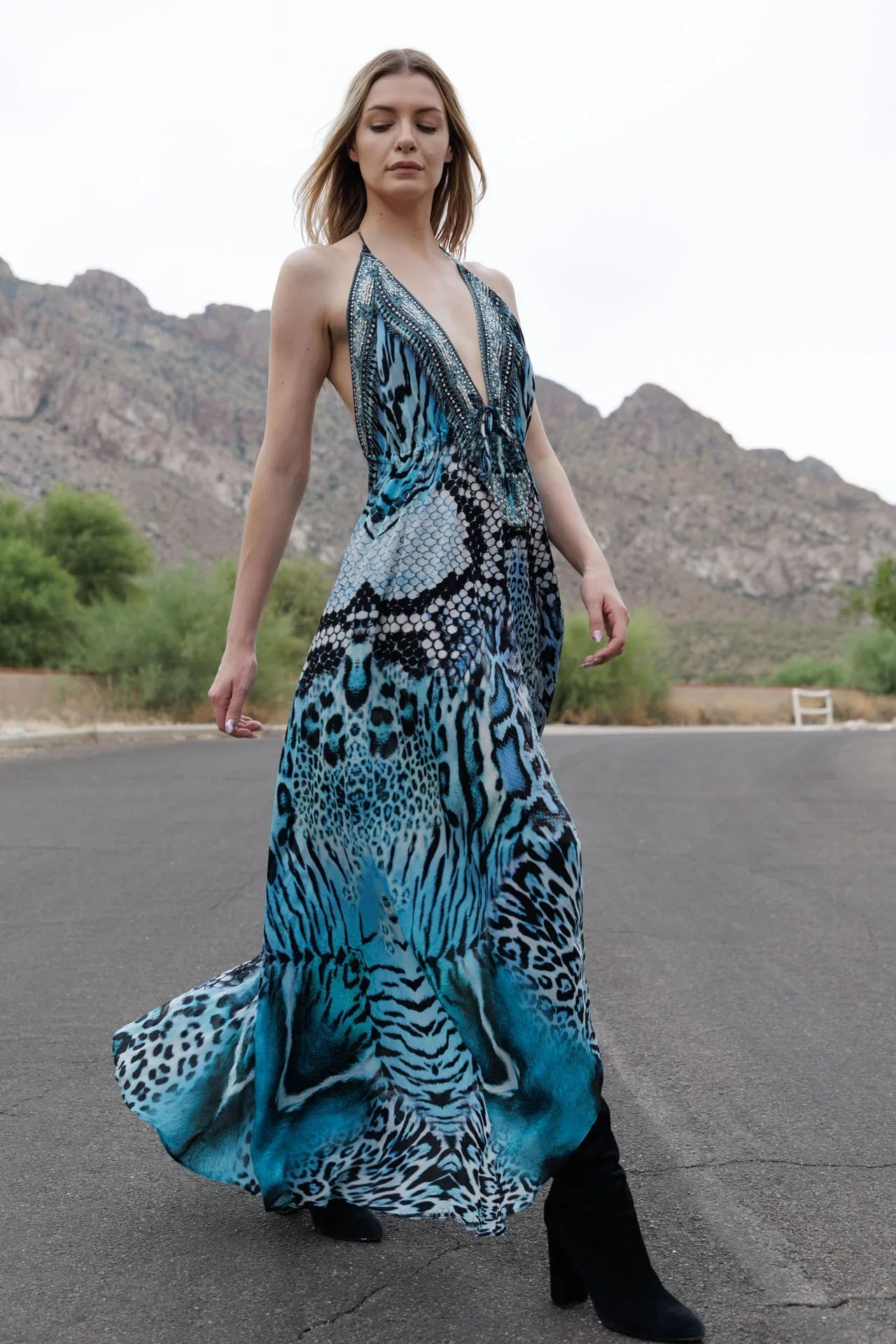 Blue Leopard Silk Scarf Maxi Dress