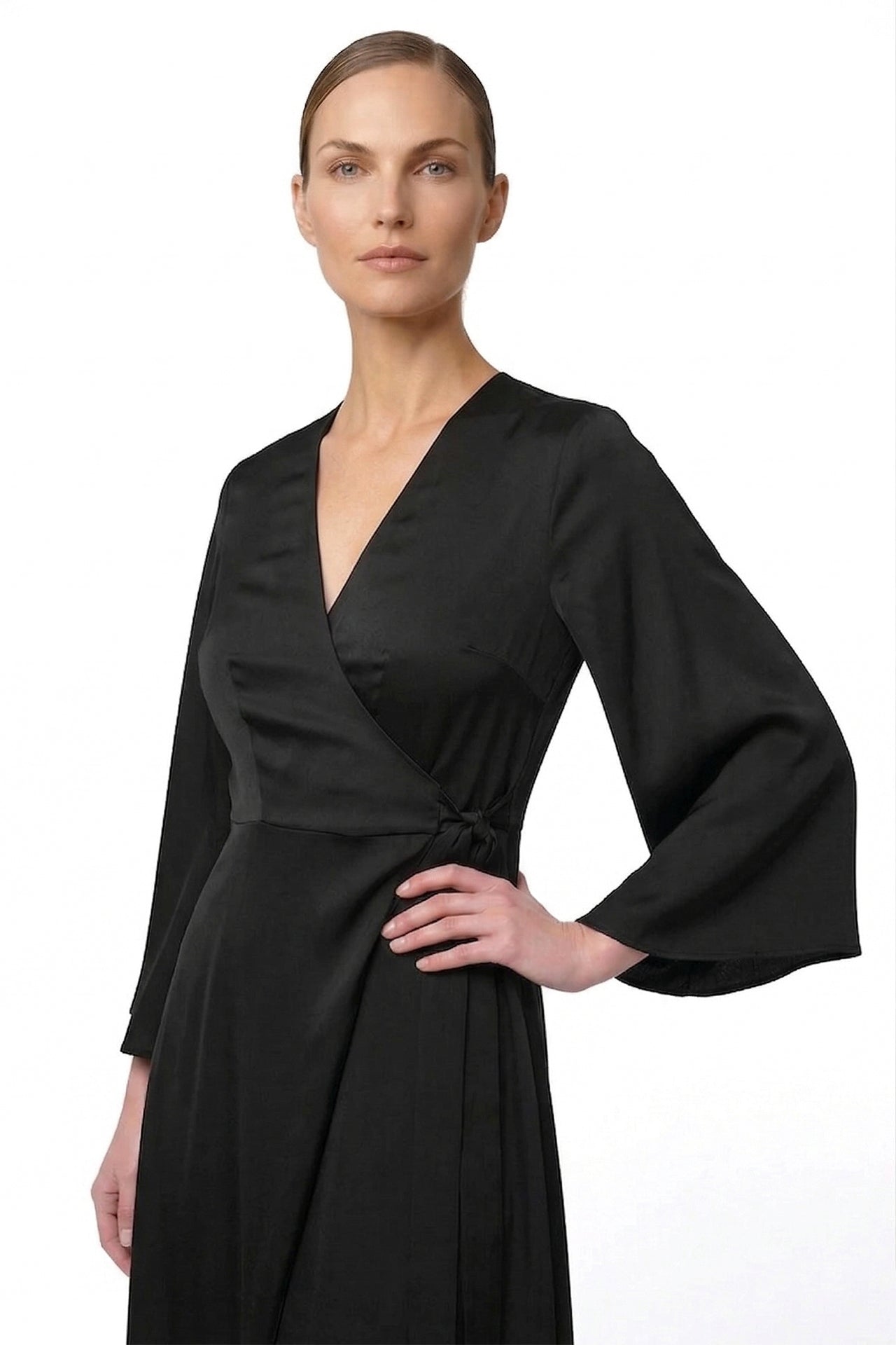 Black Satin Wrap Bridesmaid Dress – Elegant Maxi Bridal Party Dress by Shahida