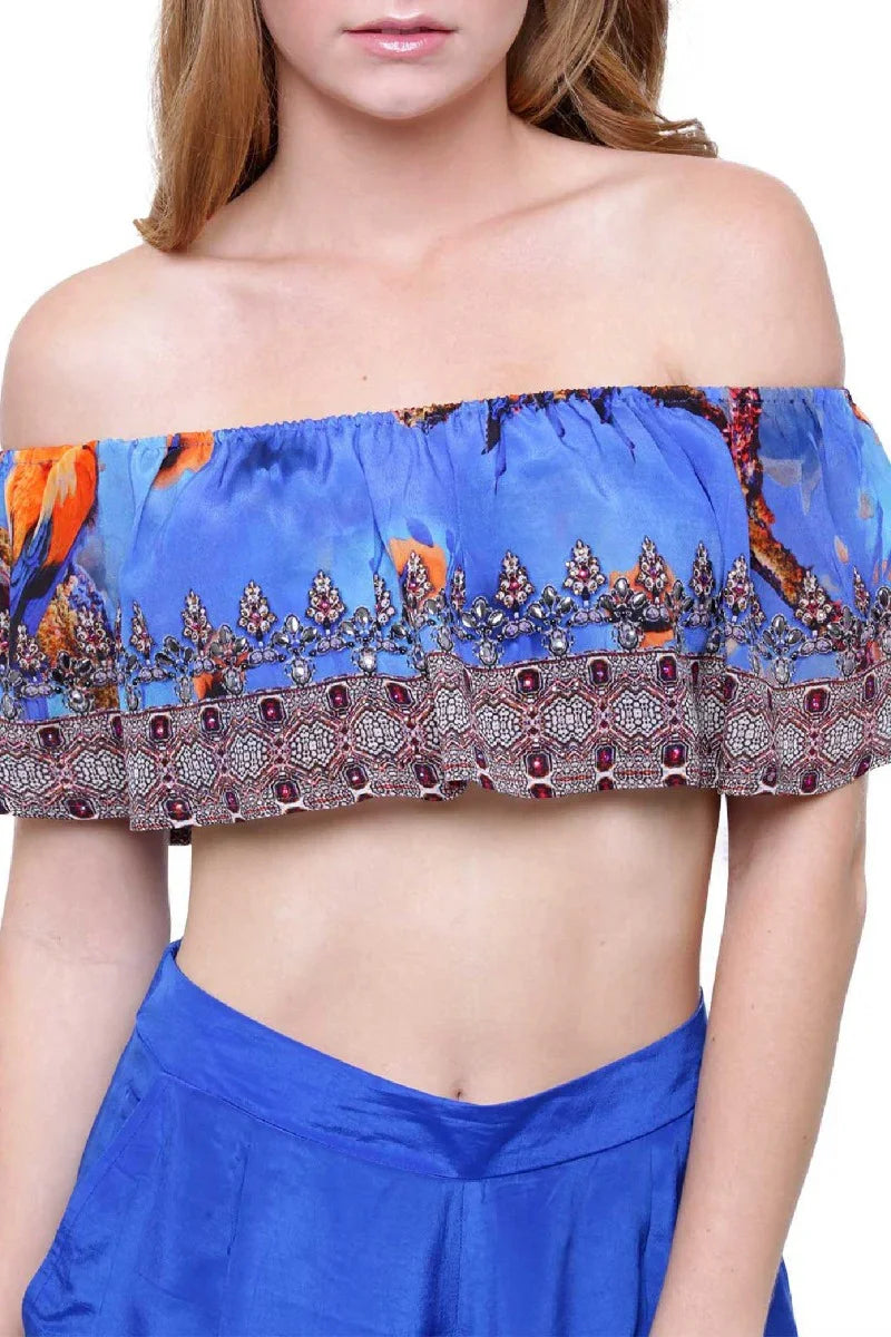 Blue Floral Bird Print Cold Shoulder Top
