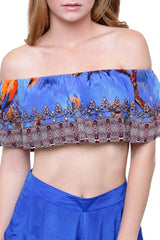 Blue Floral Bird Print Cold Shoulder Top