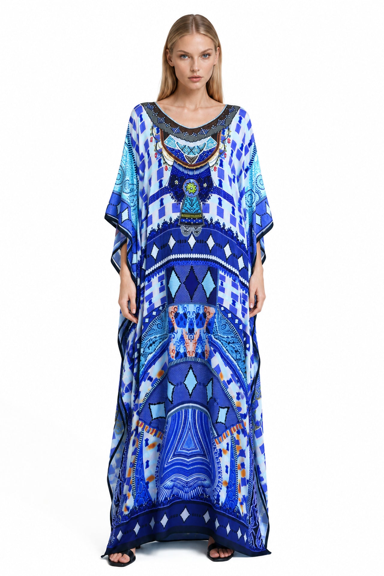 Blue Printed Long Kaftan Dress