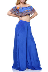 Blue Floral Bird Print Cold Shoulder Top