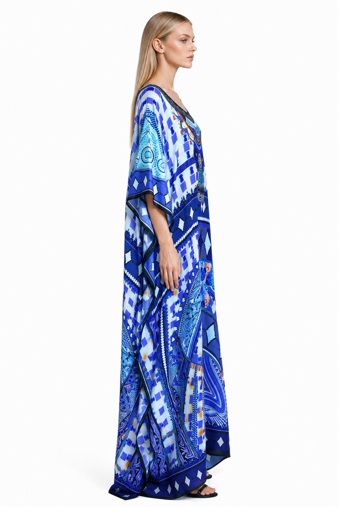Blue Printed Long Kaftan Dress