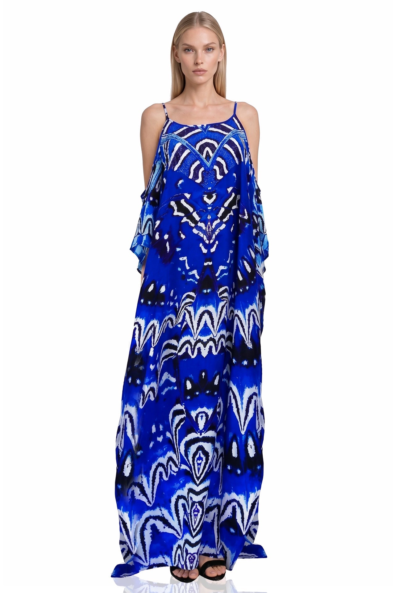 Annabella Butterfly-Print Handkerchief-Hem Kaftan