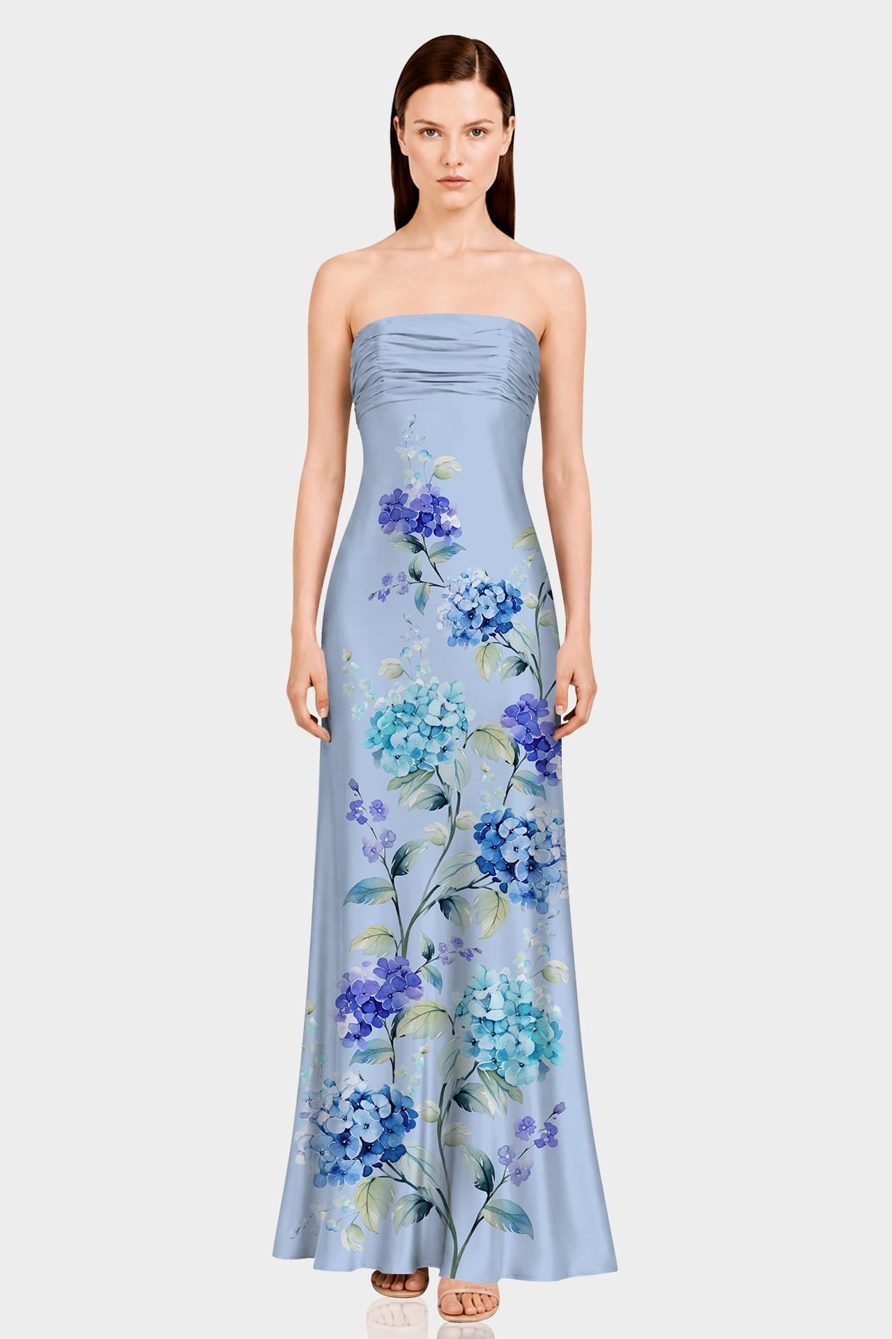 Blue Floral Print Strapless Satin Maxi Dress