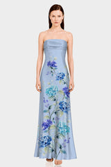 Blue Floral Print Strapless Satin Maxi Dress
