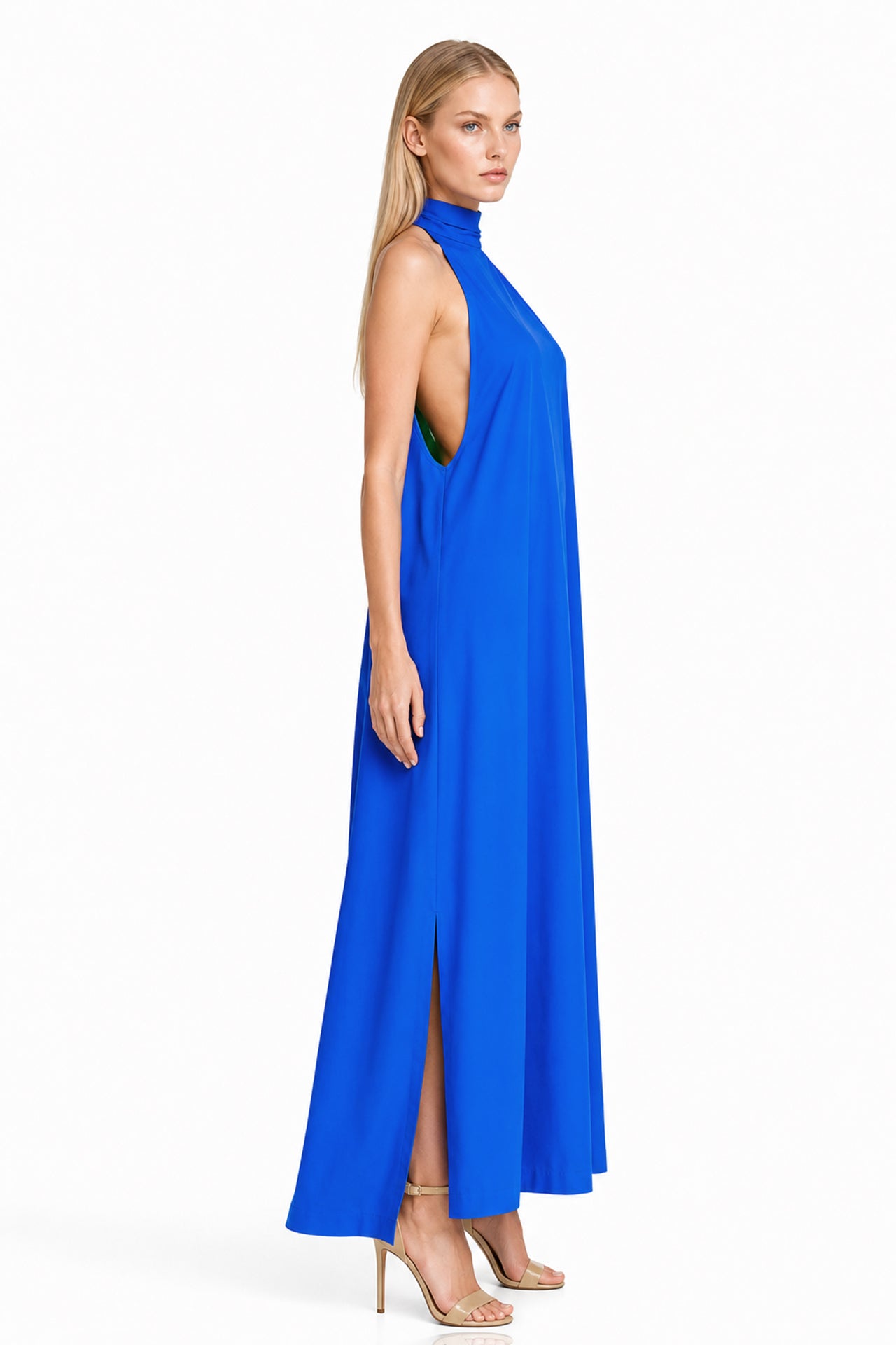 Blue Sleeveless High-Neck Maxi Dress