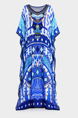 Blue Printed Long Kaftan Dress