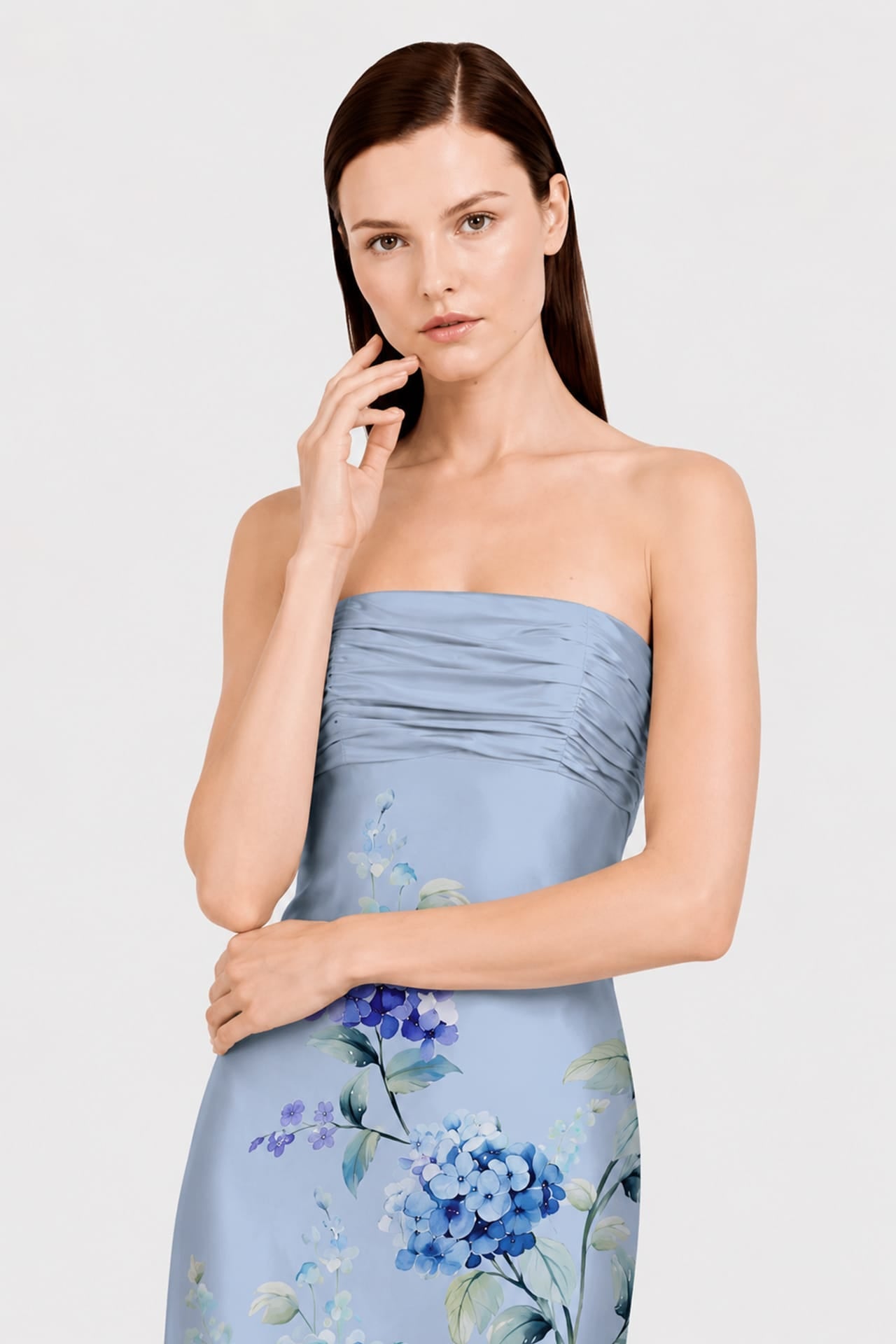 Blue Floral Print Strapless Satin Maxi Dress