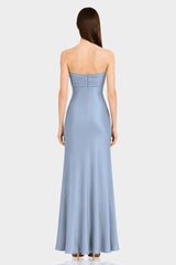 Blue Floral Print Strapless Satin Maxi Dress