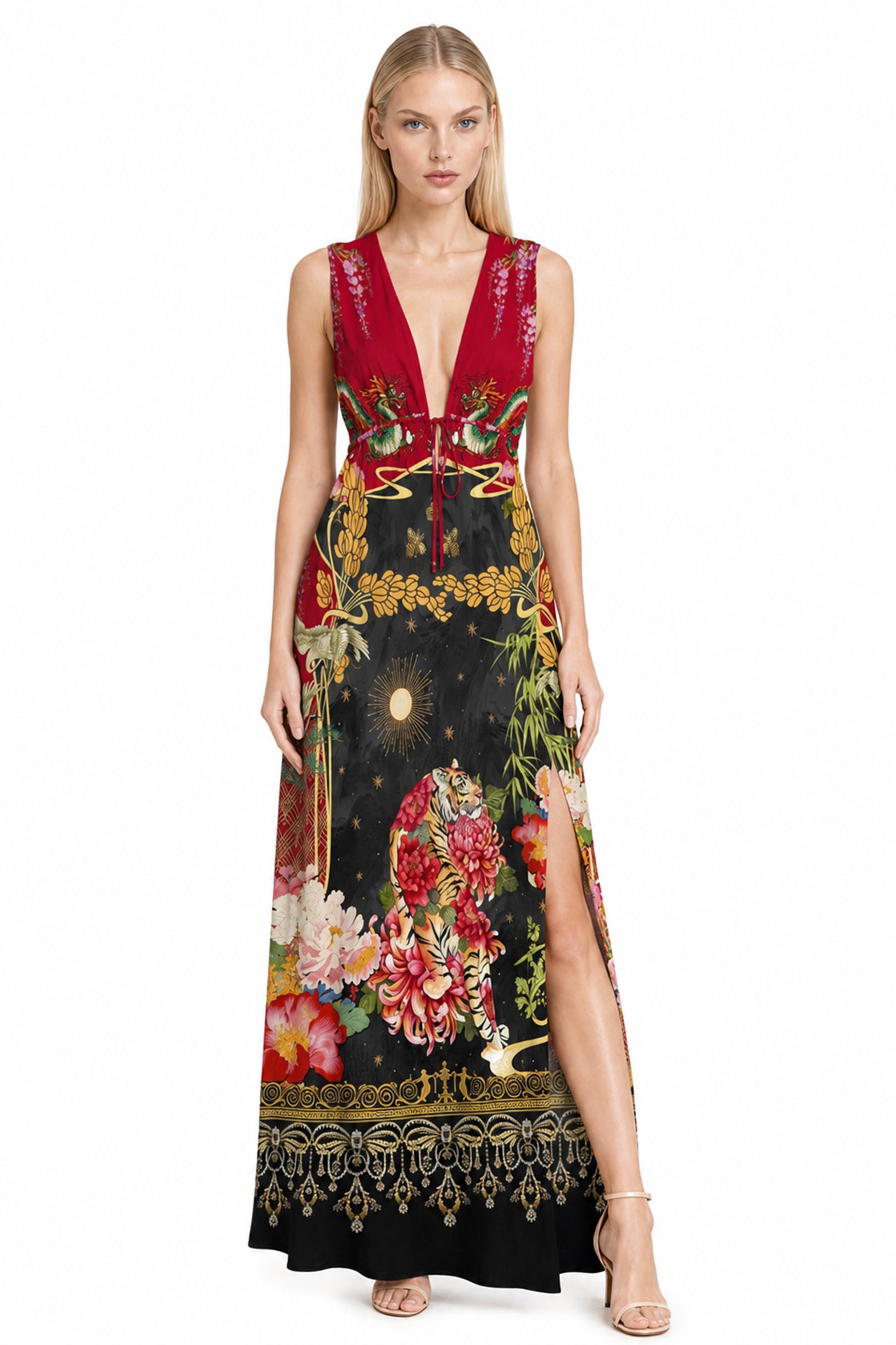 Animal Print Red Plunge Neck Dress