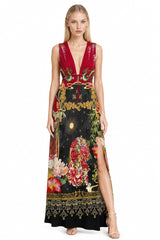 Animal Print Red Plunge Neck Dress