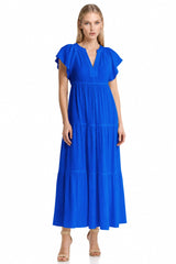 Blue Flutter Sleeve Long Dress