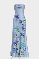 Blue Floral Print Strapless Satin Maxi Dress