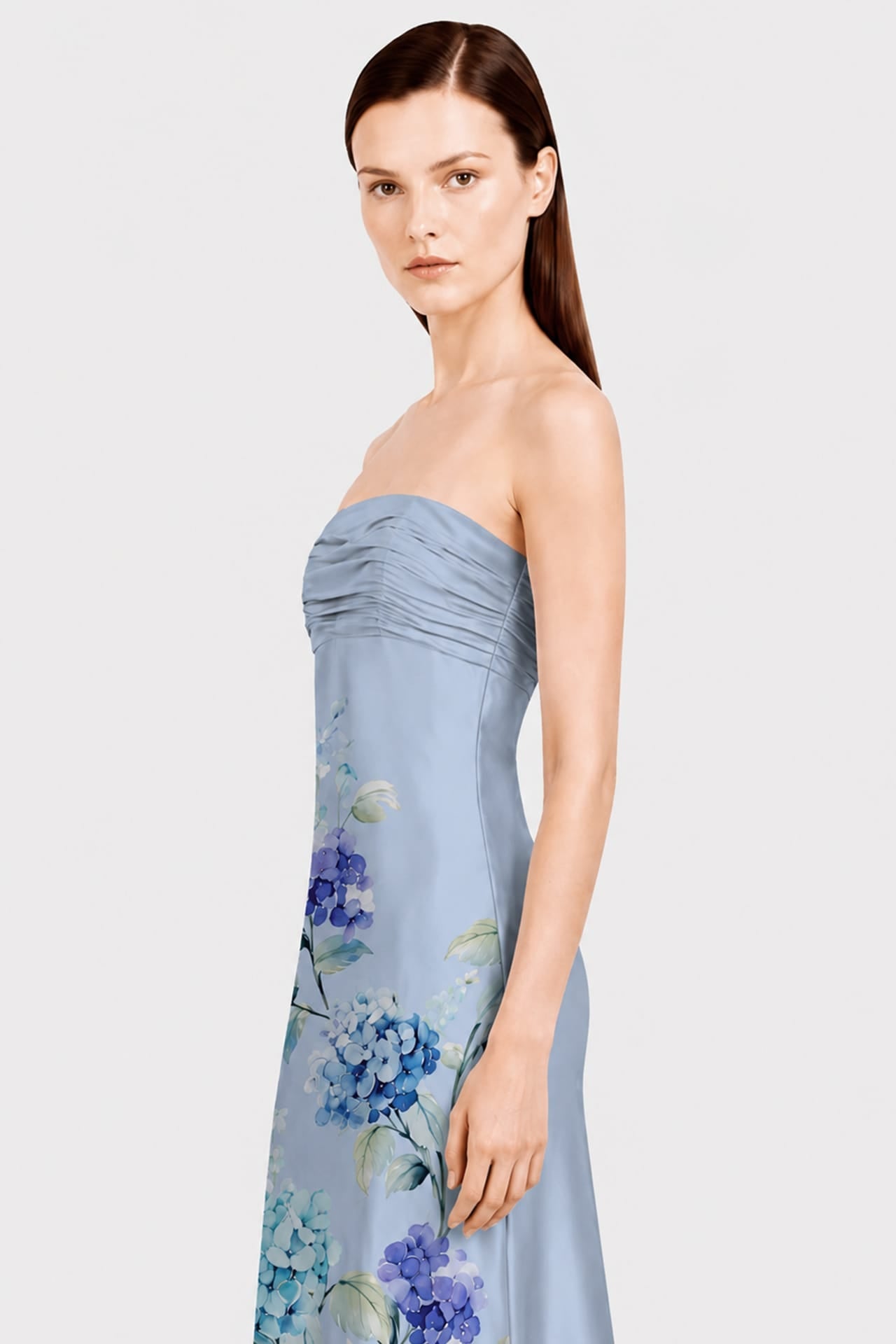 Blue Floral Print Strapless Satin Maxi Dress