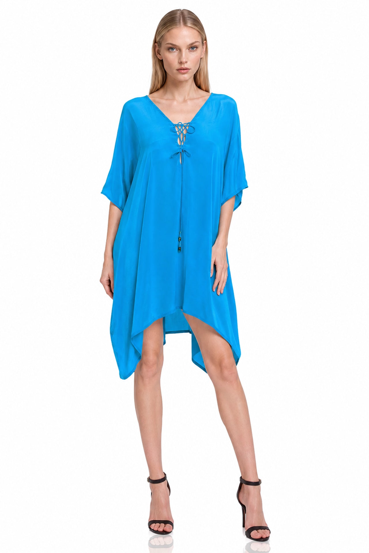 Aqua Blue Lace-Up Short Kaftan Dress