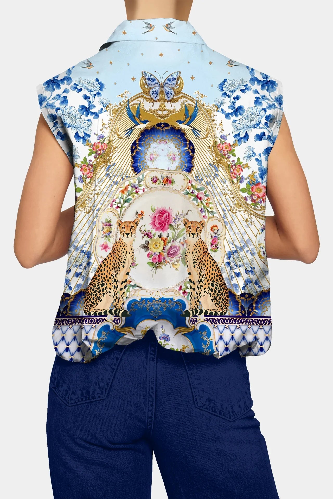 Blue Sleeveless Cute Print Shirts