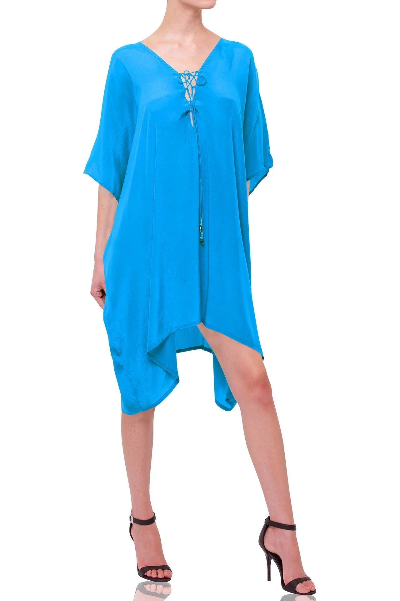 Aqua Blue Lace-Up Short Kaftan Dress