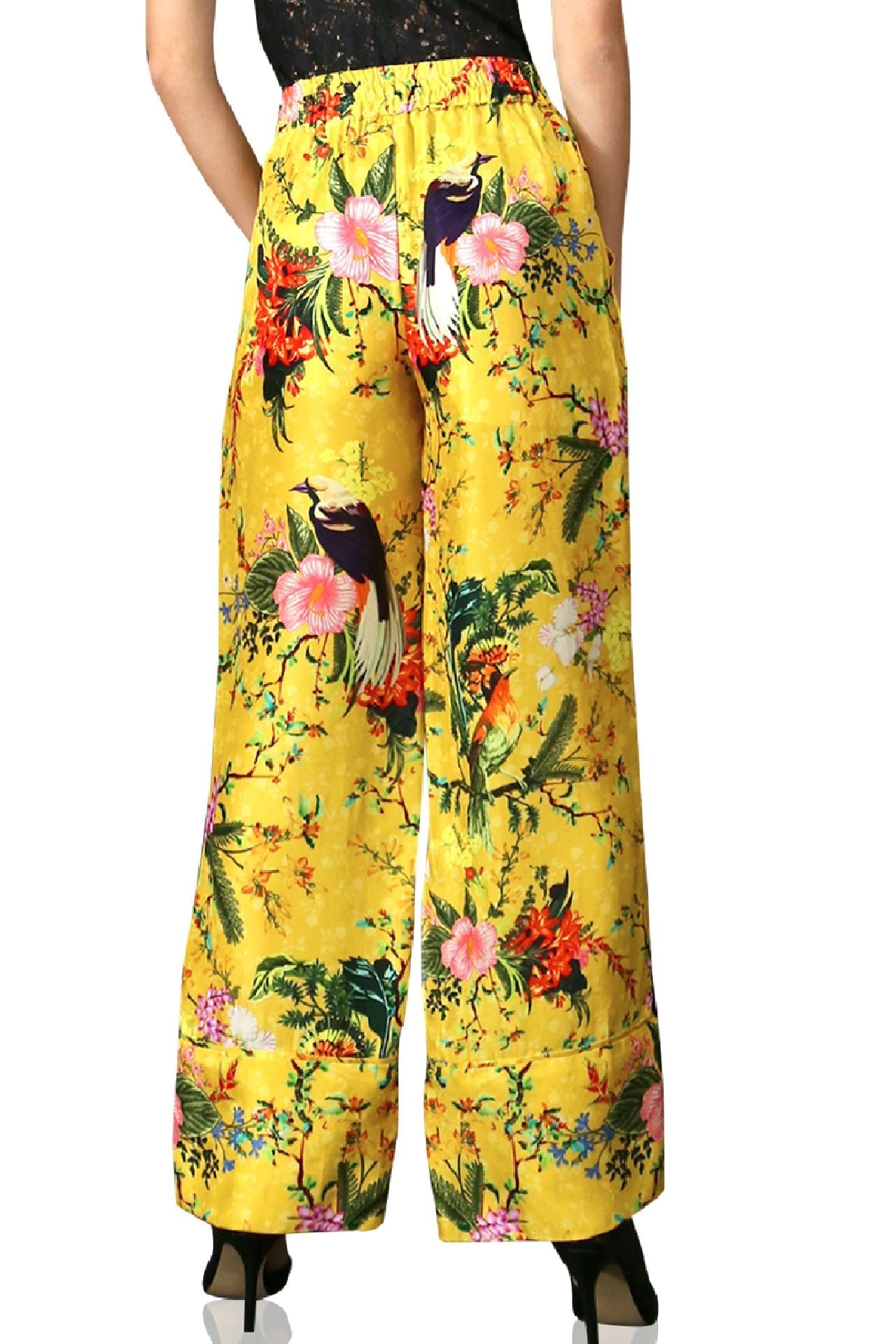 Bird Print Straight Leg Pants- Mellow Yellow